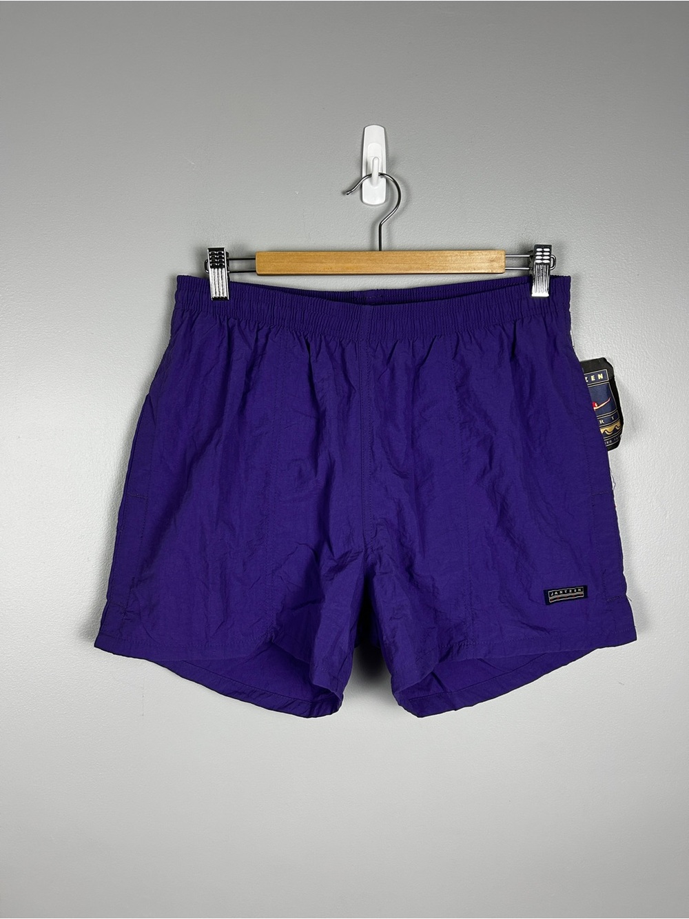 VINTAGE 90s Jantzen Deadstock Nylon Swim Shorts Purple Sz Medium 4" Beach Trunks